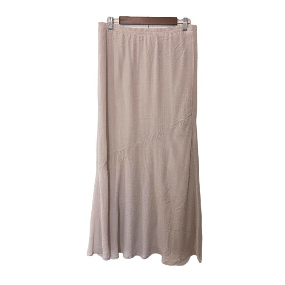 AGB Maxi Skirt M Beige Crinkled Texture Asymmetrical Hem Elastic Waist Lined - Picture 1 of 11